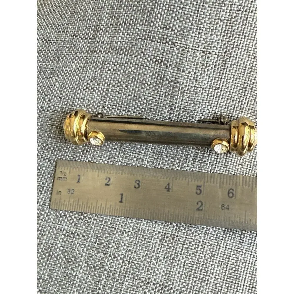 Jesera Bar Pin Brooch Vintage Silver Gold Tone Faux Pearl Crystal Classic 90s